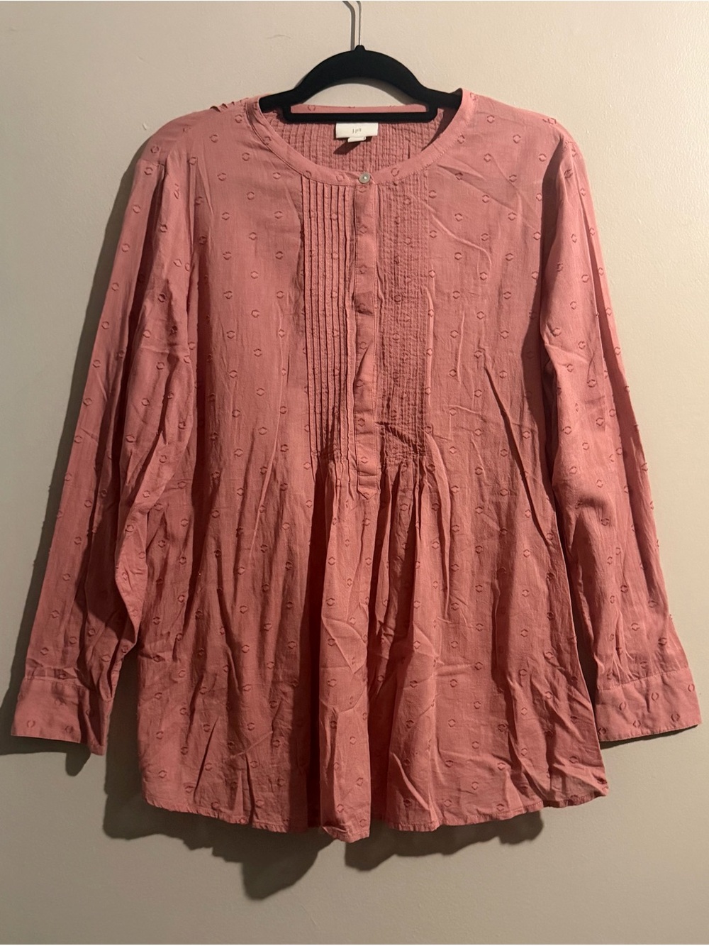 J Jill. Dusty Rose Clip Dot Popover Tunic Top Preppy Cotton Pleated Long Sleeve